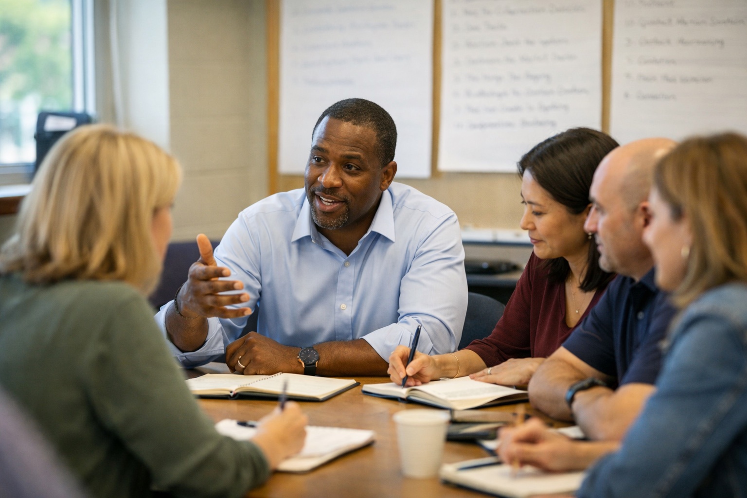 School leaders engaged in a collaborative coaching session around a conference table