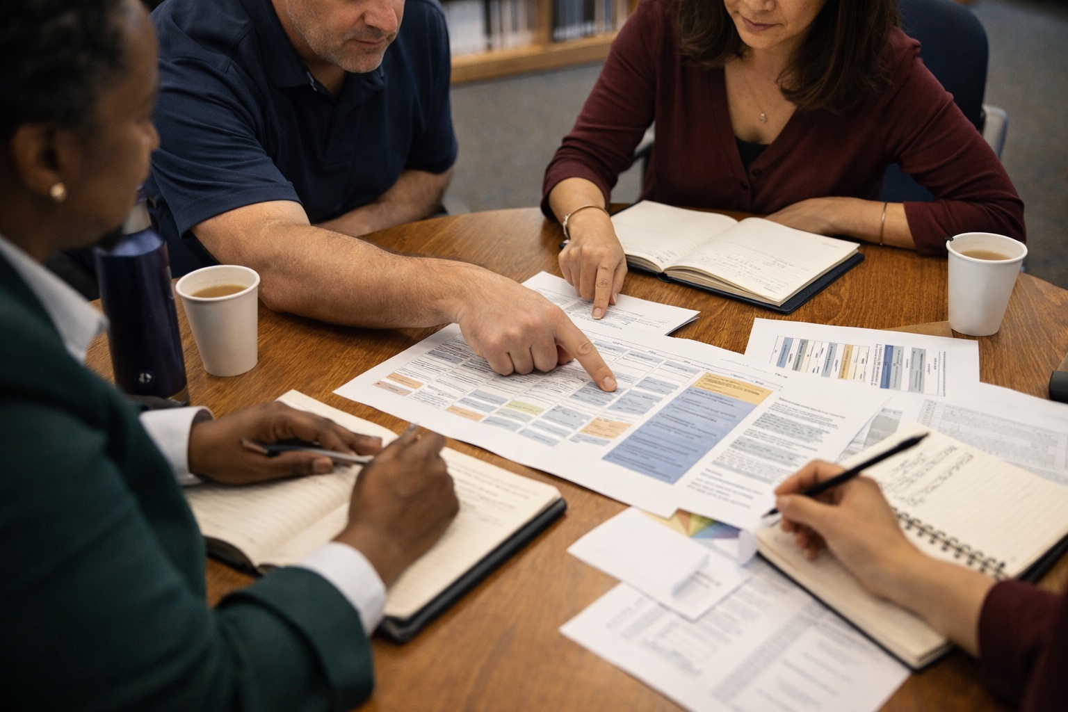 School leaders collaborating over leadership frameworks and planning documents