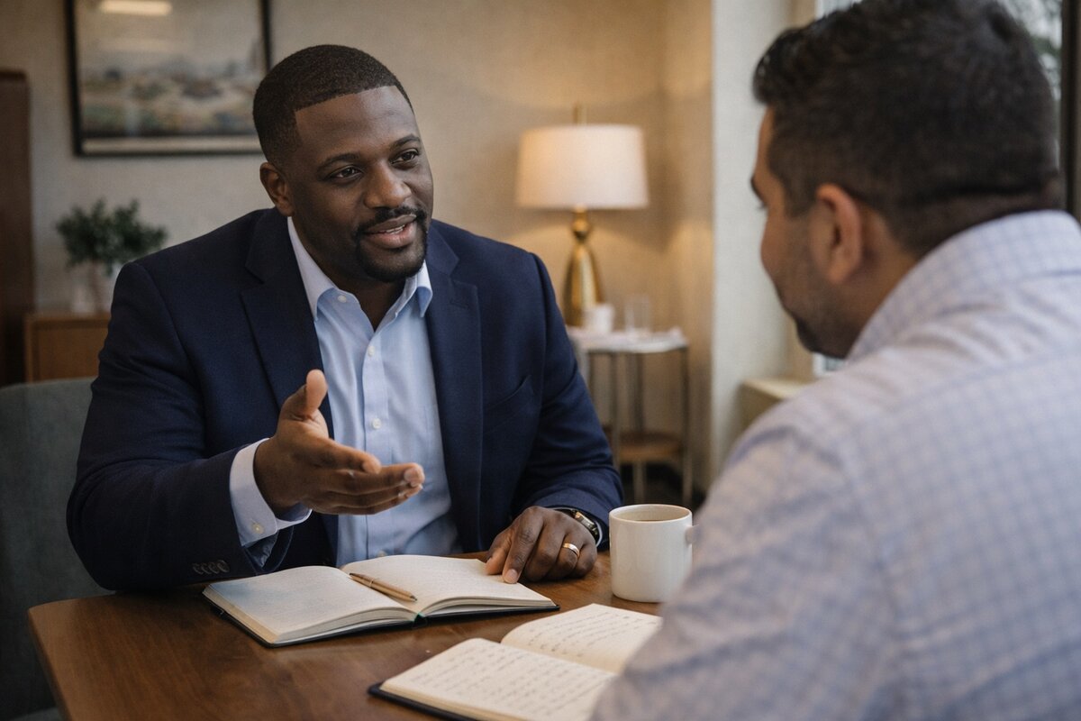 Executive leadership coaching session — one-on-one conversation